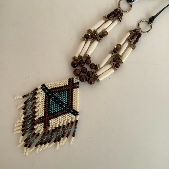 Beaded fringed pendant, tiger eye and hairpipe handmade necklace - Picture 3 of 4